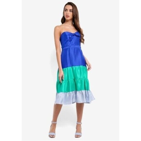 J.Crew Jackaroo 100% Silk Color Block Strapless Flare Dress Blue Green Sz 14 New - Picture 1 of 4